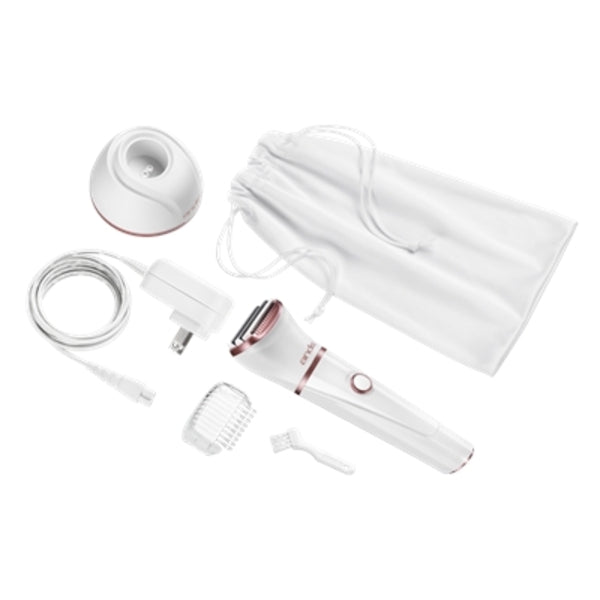 A white Women's Wet/Dry Shaver with accessories and a bag.