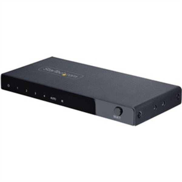 A black StarTech.com 4-Port 8K HDMI Switch, HDMI 2.1 Switcher 4K 120Hz HDR10+, 8K 60Hz UHD, HDMI Switch 4 In 1 Out, Auto/Manual Source Switching to vga adapter.