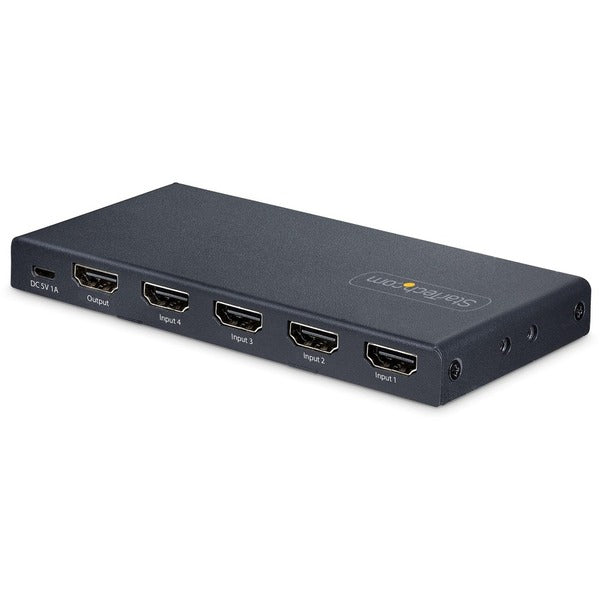 A black StarTech.com 4-Port 8K HDMI Switch, HDMI 2.1 Switcher 4K 120Hz HDR10+, 8K 60Hz UHD, HDMI Switch 4 In 1 Out, Auto/Manual Source Switching to vga adapter.