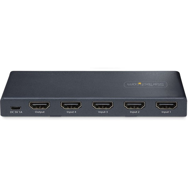 A black StarTech.com 4-Port 8K HDMI Switch, HDMI 2.1 Switcher 4K 120Hz HDR10+, 8K 60Hz UHD, HDMI Switch 4 In 1 Out, Auto/Manual Source Switching to vga adapter.