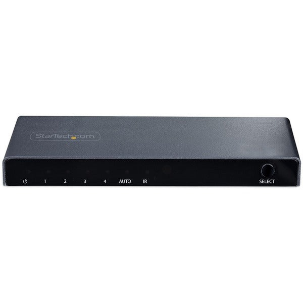 A black StarTech.com 4-Port 8K HDMI Switch, HDMI 2.1 Switcher 4K 120Hz HDR10+, 8K 60Hz UHD, HDMI Switch 4 In 1 Out, Auto/Manual Source Switching to vga adapter.