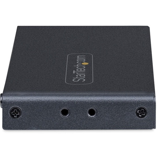 A black StarTech.com 4-Port 8K HDMI Switch, HDMI 2.1 Switcher 4K 120Hz HDR10+, 8K 60Hz UHD, HDMI Switch 4 In 1 Out, Auto/Manual Source Switching to vga adapter.