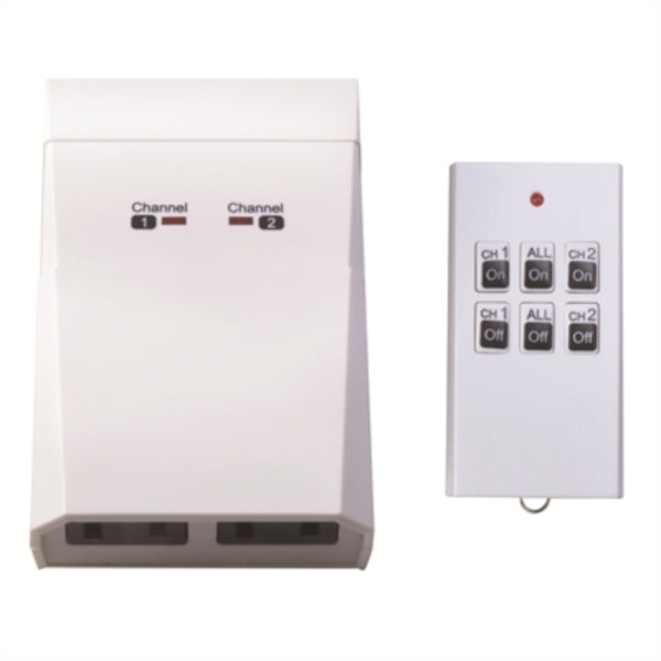 A white Timer Indoor 2 Outlet Remote alarm system with a remote control.