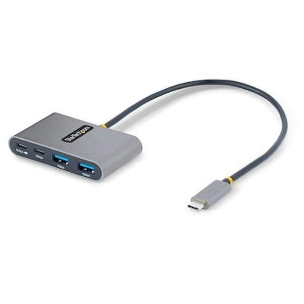 A StarTech.com 4-Port USB-C Hub with 100W Power Delivery Pass-Through, 2x USB-A + 2x USB-C, 5Gbps, 1ft/30cm Long Cable, Portable USB 3.0 Hub connected to a computer.