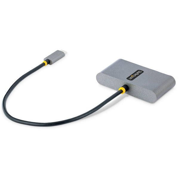 A StarTech.com 4-Port USB-C Hub with 100W Power Delivery Pass-Through, 2x USB-A + 2x USB-C, 5Gbps, 1ft/30cm Long Cable, Portable USB 3.0 Hub connected to a computer.