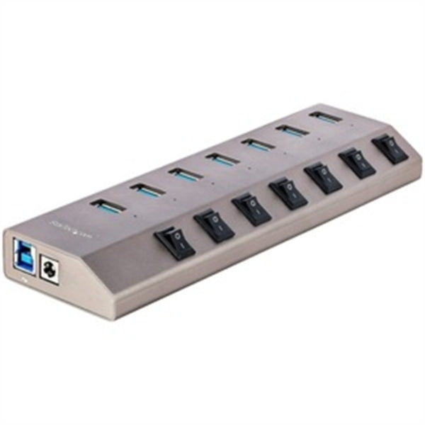 Four StarTech.com 7-Port Self-Powered USB-C Hubs with Individual On/Off Switches, Desktop/Laptop USB-C to USB-A Hubs, USB Type C Hubs w/Power Supplies on a silver plate.