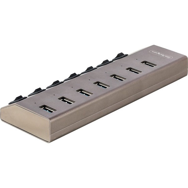 Four StarTech.com 7-Port Self-Powered USB-C Hubs with Individual On/Off Switches, Desktop/Laptop USB-C to USB-A Hubs, USB Type C Hubs w/Power Supplies on a silver plate.