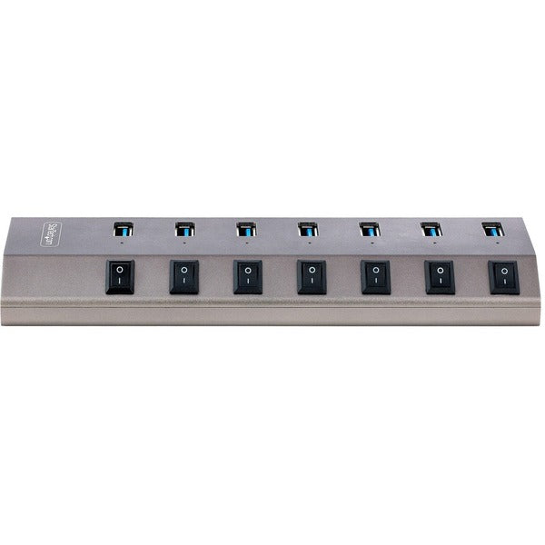 Four StarTech.com 7-Port Self-Powered USB-C Hubs with Individual On/Off Switches, Desktop/Laptop USB-C to USB-A Hubs, USB Type C Hubs w/Power Supplies on a silver plate.