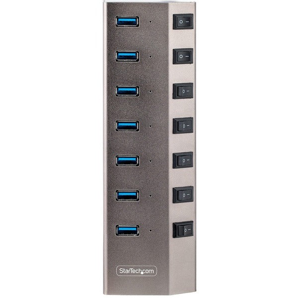 Four StarTech.com 7-Port Self-Powered USB-C Hubs with Individual On/Off Switches, Desktop/Laptop USB-C to USB-A Hubs, USB Type C Hubs w/Power Supplies on a silver plate.