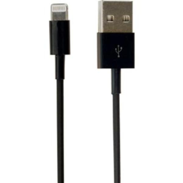 A black VisionTek Lightning to USB 1 Meter Cable connected to an iPhone.