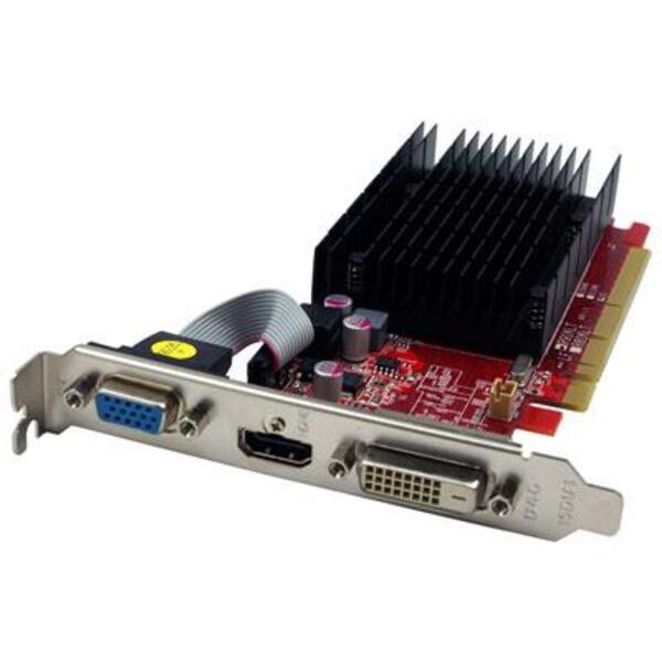 A VisionTek Radeon 5450 1GB DDR3 (DVI-I, HDMI, VGA) with a monitor attached to it.