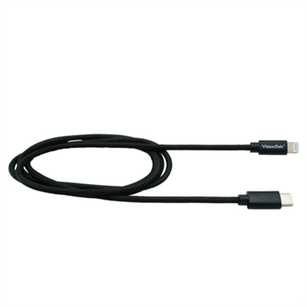 A VisionTek USB-C to Lightning MFI 1 Meter Cable (M/M) connected to a white background.