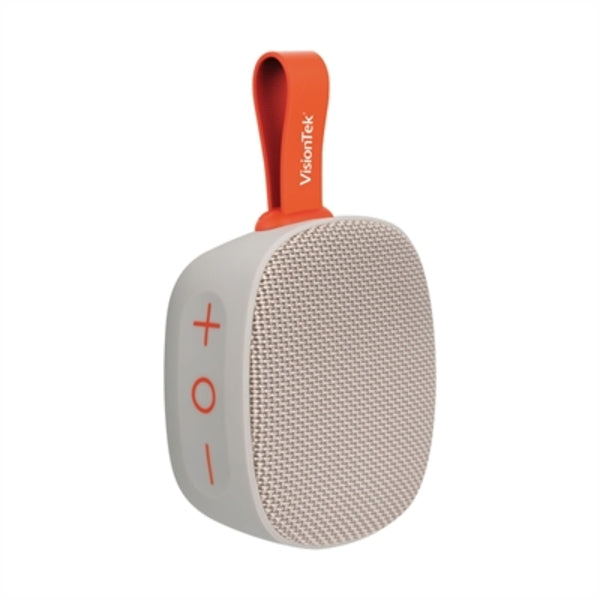 A VisionTek Sound Cube Portable Bluetooth Speaker System - Gray with an orange strap.