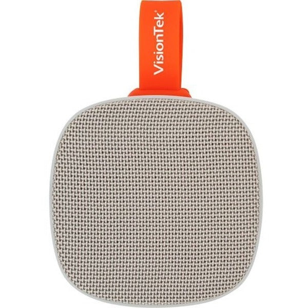 A VisionTek Sound Cube Portable Bluetooth Speaker System - Gray with an orange strap.