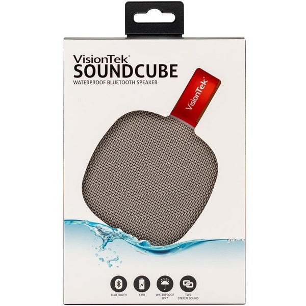 A VisionTek Sound Cube Portable Bluetooth Speaker System - Gray with an orange strap.