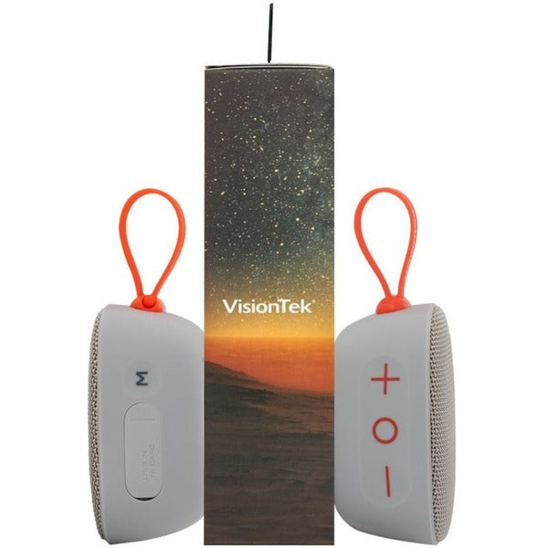 A VisionTek Sound Cube Portable Bluetooth Speaker System - Gray with an orange strap.