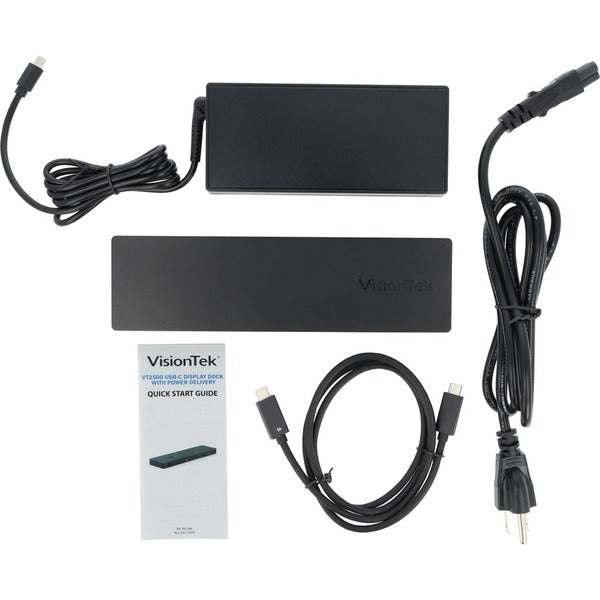 A VisionTek VT2500 - Multi Display USB-C Docking Station with 85W Power Delivery in black with a USB port.