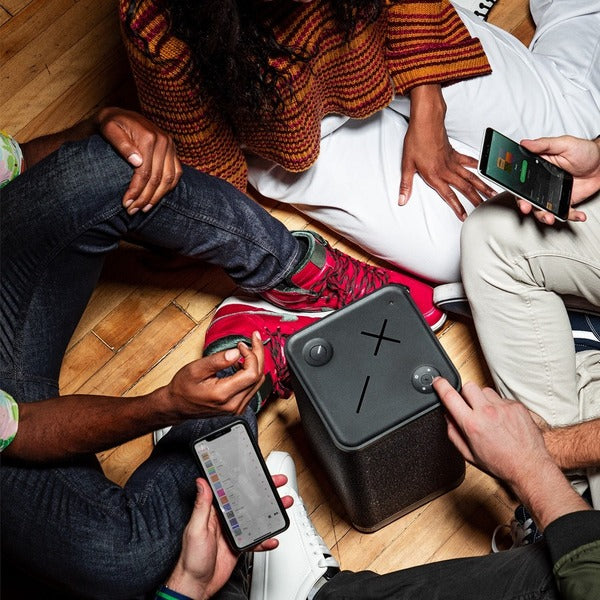 An Ultimate Ears HYPERBOOM Portable Bluetooth Speaker System - Black on a white background.