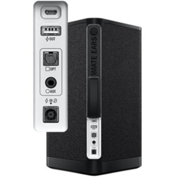An Ultimate Ears HYPERBOOM Portable Bluetooth Speaker System - Black on a white background.