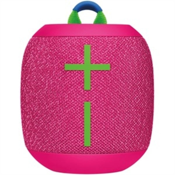 A pink and green Ultimate Ears WONDERBOOM 3 Portable Bluetooth Speaker System with a cross on it.
