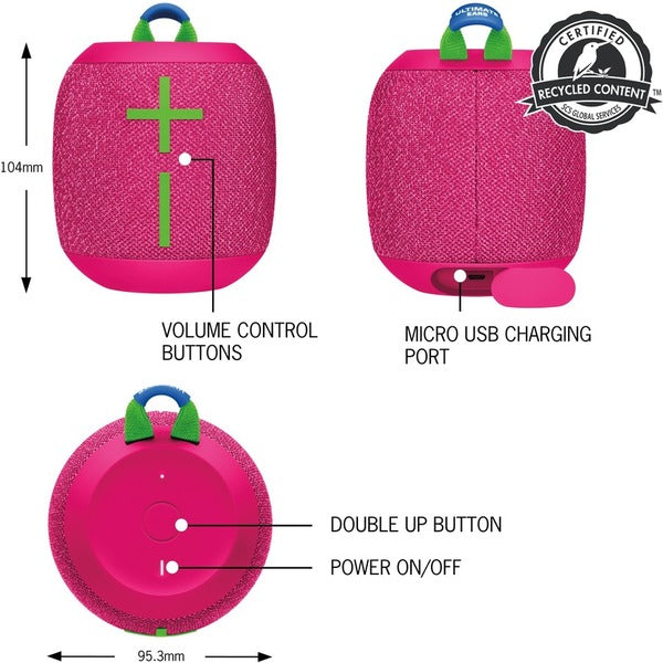 A pink and green Ultimate Ears WONDERBOOM 3 Portable Bluetooth Speaker System with a cross on it.