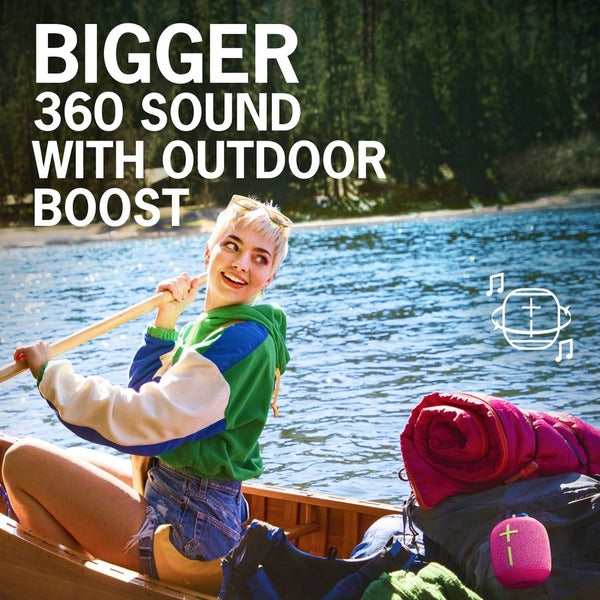 A pink and green Ultimate Ears WONDERBOOM 3 Portable Bluetooth Speaker System with a cross on it.