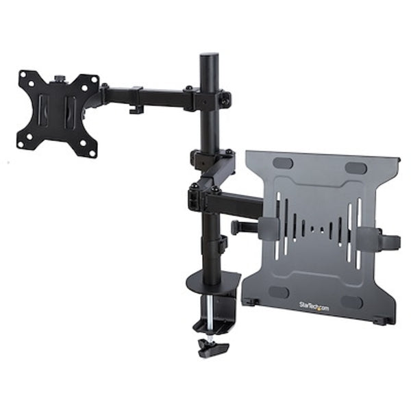 A StarTech.com Monitor Arm with VESA Laptop Tray, For a Laptop & Single Display up to 32", Adjustable Desk Laptop Arm Mount, C-clamp/Grommet with a monitor attached to it.