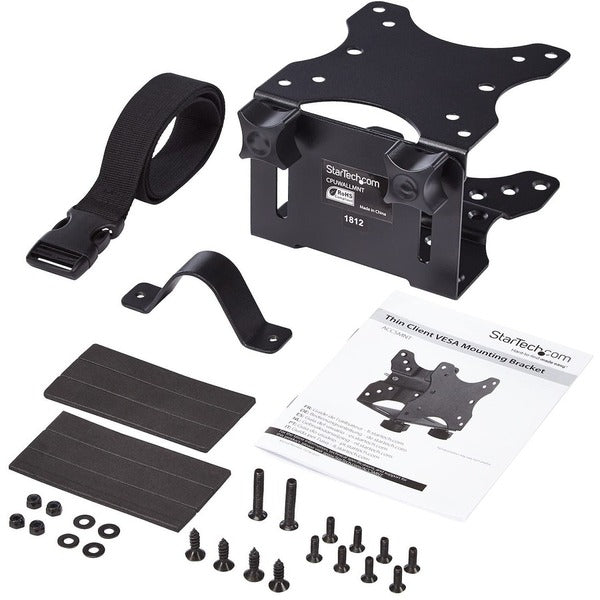 A black StarTech.com Thin Client Mount - VESA Mounting Bracket - Under Desk Computer Mount - Thin Client PC Monitor Mount with two holes.