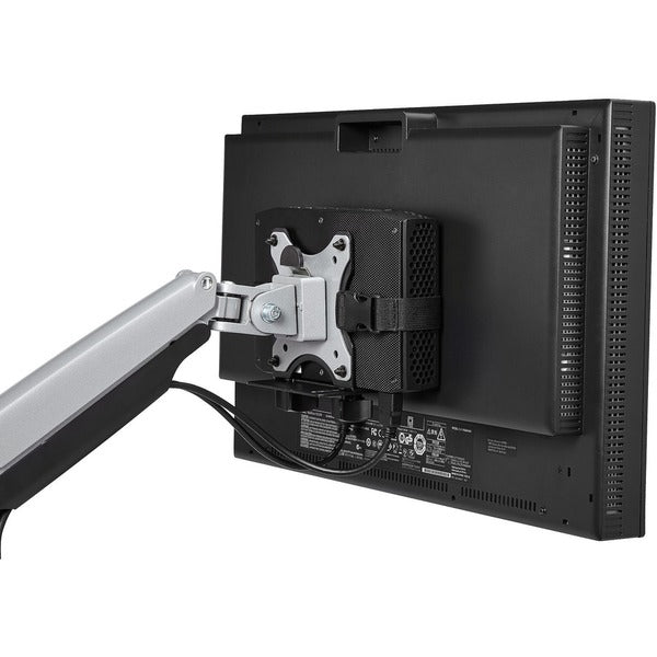A black StarTech.com Thin Client Mount - VESA Mounting Bracket - Under Desk Computer Mount - Thin Client PC Monitor Mount with two holes.