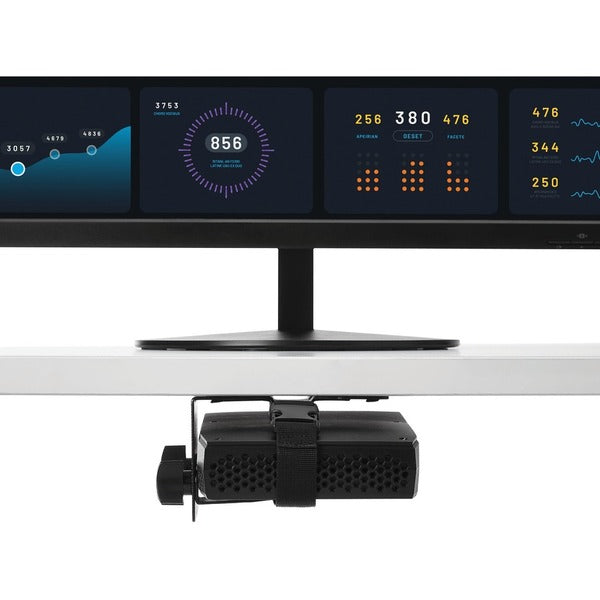 A black StarTech.com Thin Client Mount - VESA Mounting Bracket - Under Desk Computer Mount - Thin Client PC Monitor Mount with two holes.
