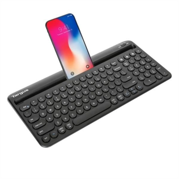 A Targus Multi-Device Bluetooth Antimicrobial Keyboard With Tablet/Phone Cradle attached to it.