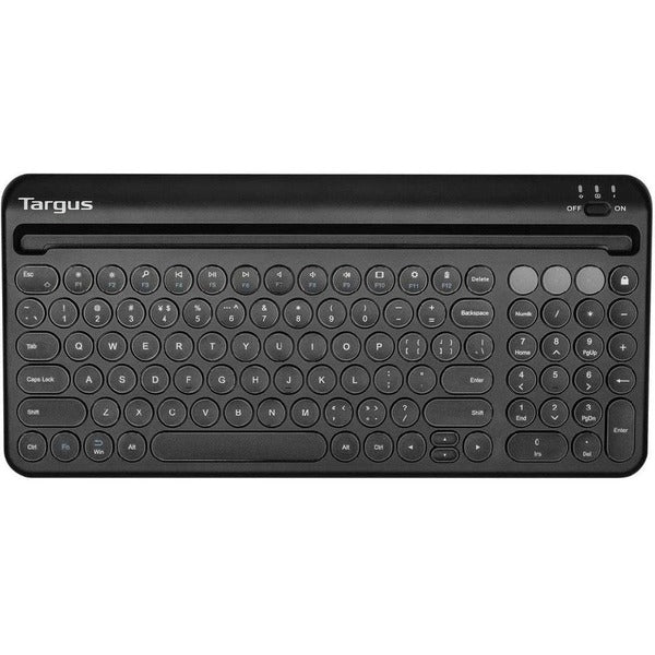 A Targus Multi-Device Bluetooth Antimicrobial Keyboard With Tablet/Phone Cradle attached to it.