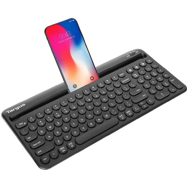 A Targus Multi-Device Bluetooth Antimicrobial Keyboard With Tablet/Phone Cradle attached to it.