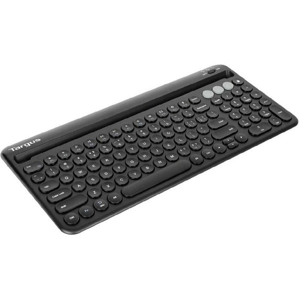 A Targus Multi-Device Bluetooth Antimicrobial Keyboard With Tablet/Phone Cradle attached to it.