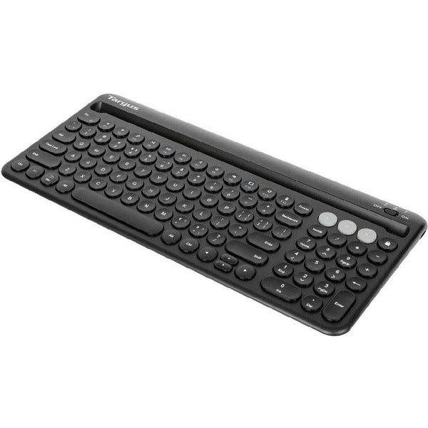 A Targus Multi-Device Bluetooth Antimicrobial Keyboard With Tablet/Phone Cradle attached to it.