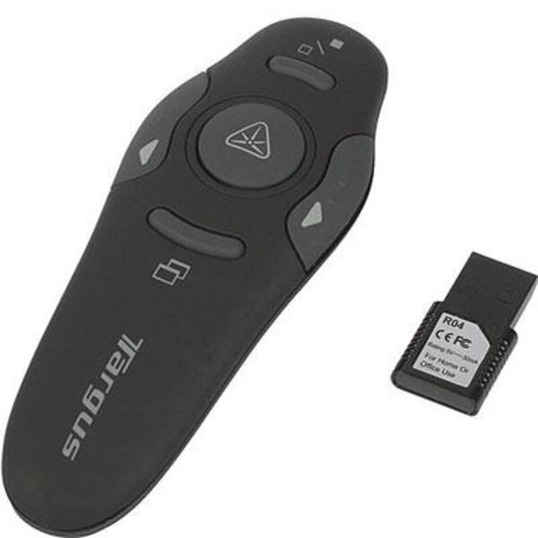 A Targus AMP16US Presentation Pointer with a memory card next to it.