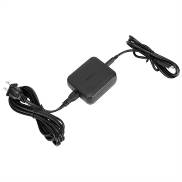 A black Targus 65W USB-C/USB-A Charger with a cord attached to it.