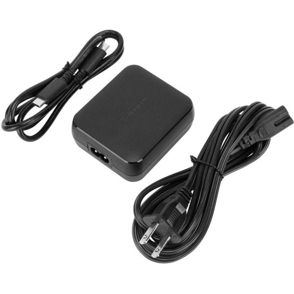 A black Targus 65W USB-C/USB-A Charger with a cord attached to it.