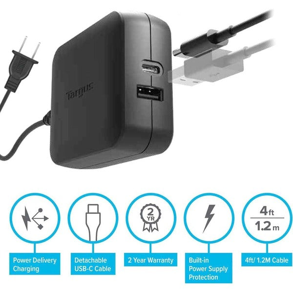 A black Targus 65W USB-C/USB-A Charger with a cord attached to it.