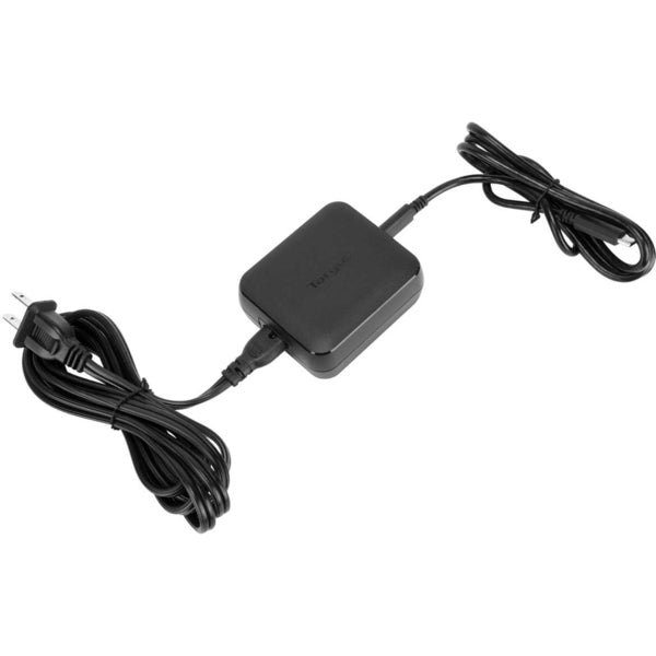 A black Targus 65W USB-C/USB-A Charger with a cord attached to it.
