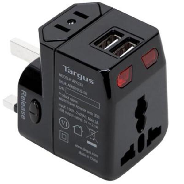 A Targus World Travel Power Adapter with Dual USB Charging Ports.