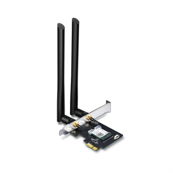 A TP-Link Archer T5E - Bluetooth 4.2, Dual Band Wireless Network Card (2.4Ghz and 5Ghz) for Gaming, Streaming with two antennas attached to it.
