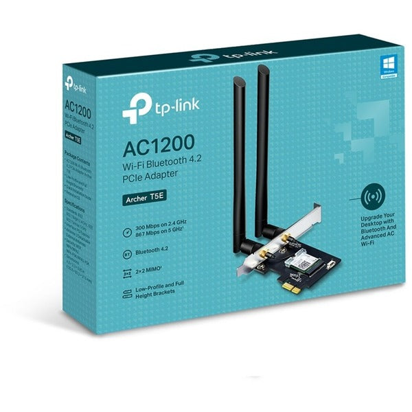 A TP-Link Archer T5E - Bluetooth 4.2, Dual Band Wireless Network Card (2.4Ghz and 5Ghz) for Gaming, Streaming with two antennas attached to it.