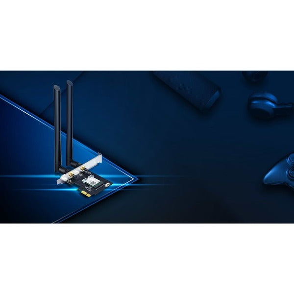 A TP-Link Archer T5E - Bluetooth 4.2, Dual Band Wireless Network Card (2.4Ghz and 5Ghz) for Gaming, Streaming with two antennas attached to it.