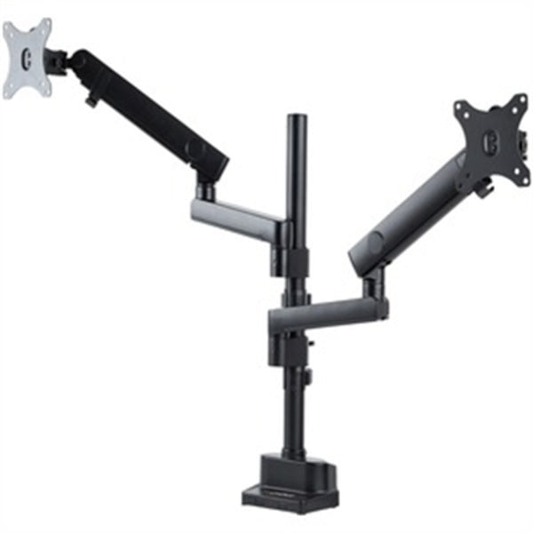 Two StarTech.com Desk Mount Dual Monitor Arms, Height Adjustable Full Motion Monitor Mount for 2x VESA Displays up to 32"/17lb, Stackable Arms on a white background.
