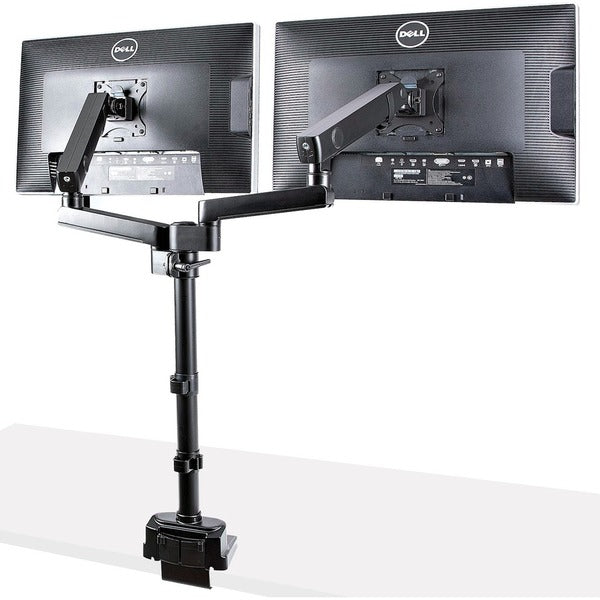 Two StarTech.com Desk Mount Dual Monitor Arms, Height Adjustable Full Motion Monitor Mount for 2x VESA Displays up to 32"/17lb, Stackable Arms on a white background.
