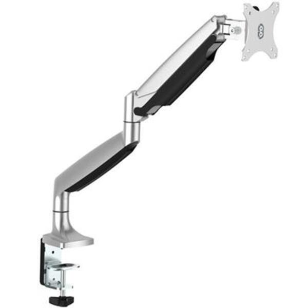 A StarTech.com Single Desk Mount Monitor Arm - Full Motion - Articulating - For VESA Mount Monitors up to 34" - Heavy Duty Aluminum - Silver with a monitor attached to it.