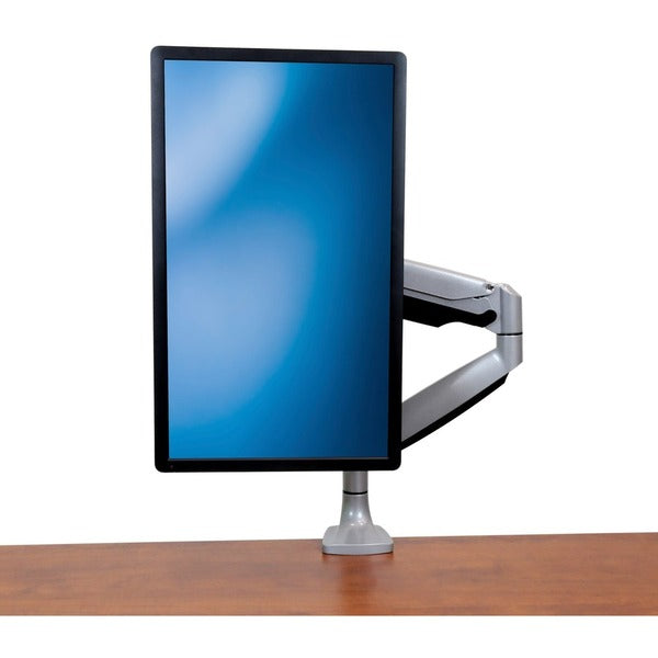 A StarTech.com Single Desk Mount Monitor Arm - Full Motion - Articulating - For VESA Mount Monitors up to 34" - Heavy Duty Aluminum - Silver with a monitor attached to it.