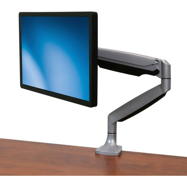 A StarTech.com Single Desk Mount Monitor Arm - Full Motion - Articulating - For VESA Mount Monitors up to 34" - Heavy Duty Aluminum - Silver with a monitor attached to it.
