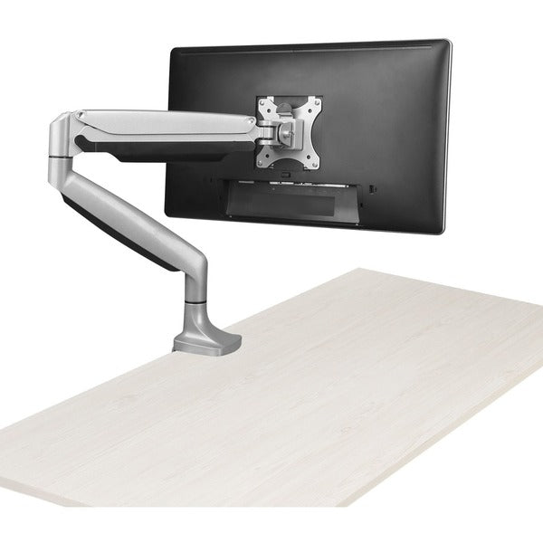 A StarTech.com Single Desk Mount Monitor Arm - Full Motion - Articulating - For VESA Mount Monitors up to 34" - Heavy Duty Aluminum - Silver with a monitor attached to it.
